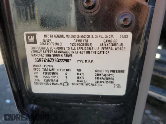 ✅ 2003 Chevrolet Suburban LT • VIN: 3GNFK16ZX3G222987 • Лот: 43134345. Опубликован ранее на Copart с пробегом 259 827 миль. Бесплатный доступ к архиву аукционных продаж из США и подробный отчёт об истории автомобиля на DreamBid. Изображение 13.