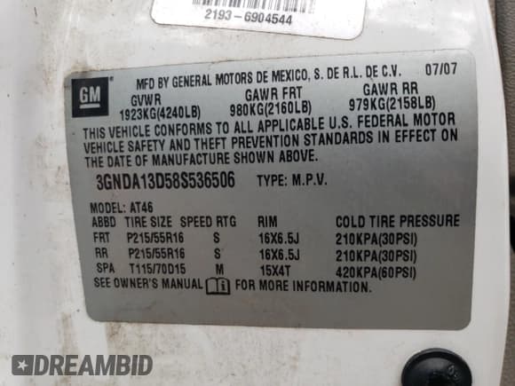 ✅ 2008 Chevrolet HHR LS • VIN: 3GNDA13D58S536506 • Lot: 74373334. Listed on Copart with Not provided. Free auction sales archive from the USA and detailed vehicle history report at DreamBid. Image 12.