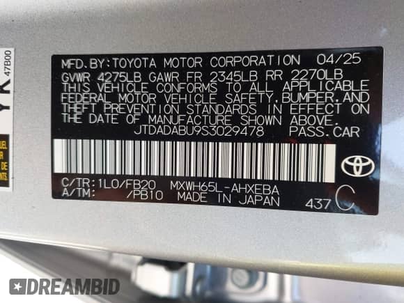 2025 Toyota Prius LE с VIN JTDADABU9S3029478, выставлен на аукционе IAAI как лот 42766701 с пробегом 1 065 миль миль и . История ставок и продаж доступна на DreamBid. Изображение 9.