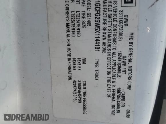 ✅ 1999 Chevrolet Express Cargo • VIN: 1GCFG25W5X1144131 • Lot: 91868295. Listed on Copart with 192,074 mi. Free auction sales archive from the USA and detailed vehicle history report at DreamBid. Image 13.