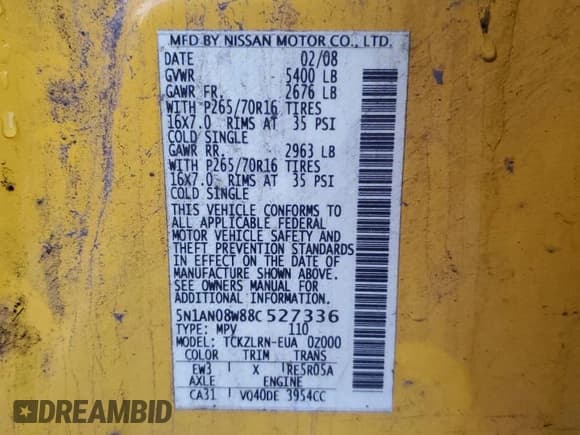 ✅ 2008 Nissan Xterra S • VIN: 5N1AN08W88C527336 • Lot: 87040765. Listed on Copart with 190,206 mi. Free auction sales archive from the USA and detailed vehicle history report at DreamBid. Image 13.