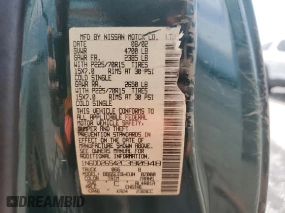 ✅ 2002 Nissan Frontier XE • VIN: 1N6DD26S42C390948 • Lot: 68591045. Listed on Copart with 156,610 mi. Free auction sales archive from the USA and detailed vehicle history report at DreamBid. Image 12.