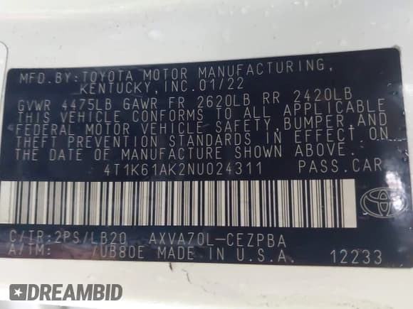 ✅ 2022 Toyota Camry XSE • VIN: 4T1K61AK2NU024311 • Lot: 43733700. Listed on IAAI with 143,279 mi. Free auction sales archive from the USA and detailed vehicle history report at DreamBid. Image 9.