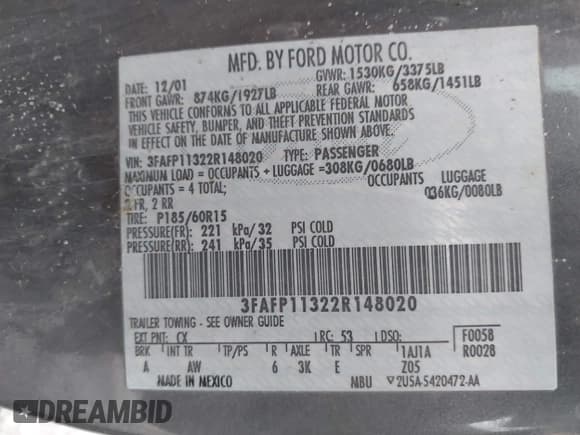 ✅ 2002 Ford Escort ZX2 Standard • VIN: 3FAFP11322R148020 • Lot: 42803016. Listed on IAAI with 159,208 mi. Free auction sales archive from the USA and detailed vehicle history report at DreamBid. Image 9.