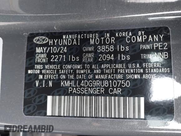 2024 Hyundai Elantra SE with VIN KMHLL4DG9RU810750, listed as a IAAI auction lot 42343973 with 8,414 mi miles and . Bid and sale history available at DreamBid. Image 9.