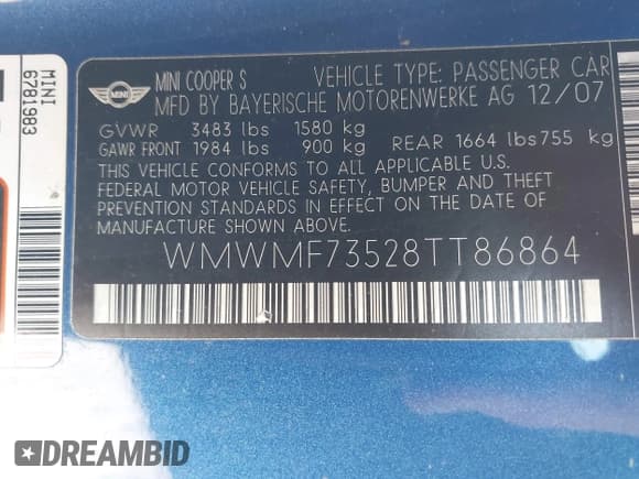 ✅ 2008 MINI Hardtop S • VIN: WMWMF73528TT86864 • Lot: 41652467. Listed on IAAI with Not provided. Free auction sales archive from the USA and detailed vehicle history report at DreamBid. Image 9.