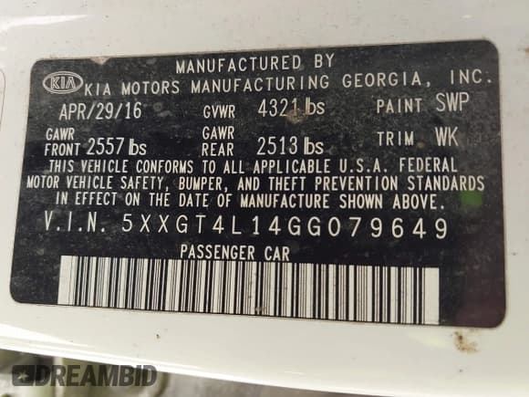 ✅ 2016 Kia Optima LX Turbo • VIN: 5XXGT4L14GG079649 • Lot: 43510554. Listed on IAAI with 157,300 mi. Free auction sales archive from the USA and detailed vehicle history report at DreamBid. Image 9.