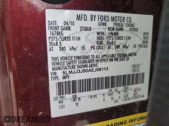 ✅ 2010 Lincoln Navigator • VIN: 5LMJJ3J50AEJ08113 • Lot: 81996625. Listed on Copart with Not provided. Free auction sales archive from the USA and detailed vehicle history report at DreamBid. Image 13.