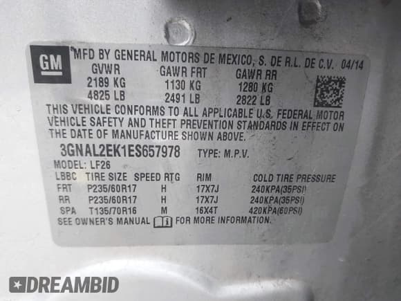 ✅ 2014 Chevrolet Captiva Sport LS • VIN: 3GNAL2EK1ES657978 • Lot: 42046388. Listed on IAAI with 100,488 mi. Free auction sales archive from the USA and detailed vehicle history report at DreamBid. Image 9.