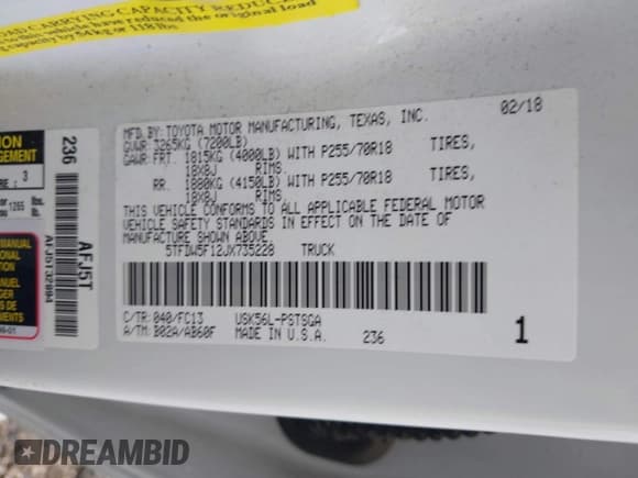 ✅ 2018 Toyota Tundra SR5 • VIN: 5TFDW5F12JX735228 • Лот: 43255268. Опубликован ранее на IAAI с пробегом 47 638 миль. Бесплатный доступ к архиву аукционных продаж из США и подробный отчёт об истории автомобиля на DreamBid. Изображение 9.