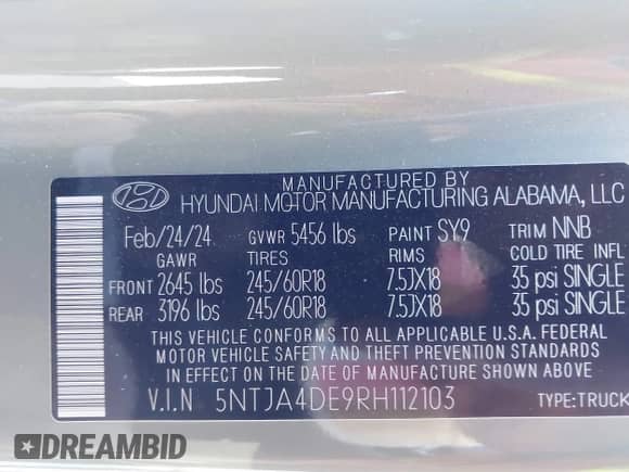 2024 Hyundai Santa Cruz SE с VIN 5NTJA4DE9RH112103, выставлен на аукционе IAAI как лот 43537480 с пробегом 34 265 миль миль и . История ставок и продаж доступна на DreamBid. Изображение 9.