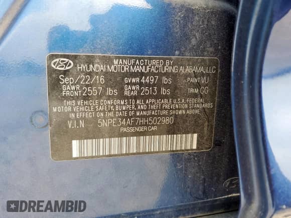 2017 Hyundai Sonata Sport with VIN 5NPE34AF7HH502980, listed as a Copart auction lot 69399755 with 51,213 mi miles and Salvage title. Bid and sale history available at DreamBid. Image 12.