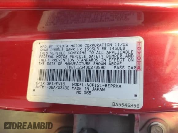 ✅ 2003 Toyota ECHO • VIN: JTDBT123430273590 • Lot: 87404715. Wystawiony na Copart z przebiegiem 181 945 mil. Bezpłatny archiwum sprzedaży aukcyjnych z USA i szczegółowy raport historii pojazdu na DreamBid. Zdjęcie 12.