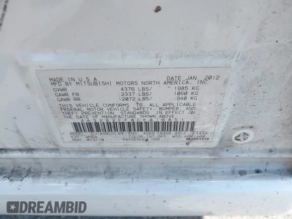 ✅ 2012 Mitsubishi Galant FE • VIN: 4A32B2FF8CE016851 • Lot: 41892949. Listed on IAAI with 120,615 mi. Free auction sales archive from the USA and detailed vehicle history report at DreamBid. Image 9.