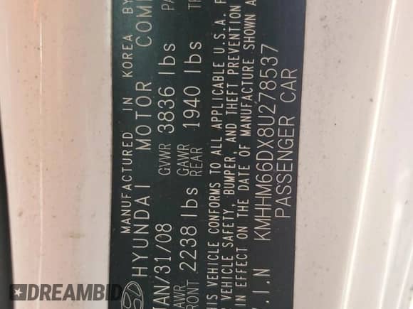 2008 Hyundai Tiburon GS с VIN KMHHM66DX8U278537, выставлен на аукционе Copart как лот 62597005 с пробегом Не указан миль и Списание • Salvage title. История ставок и продаж доступна на DreamBid. Изображение 12.