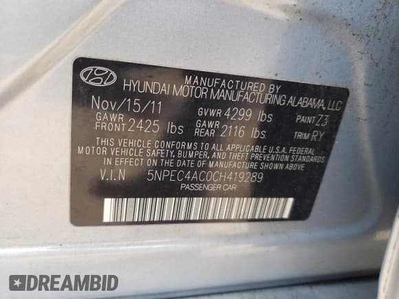 ✅ 2012 Hyundai Sonata SE • VIN: 5NPEC4AC0CH419289 • Lot: 70983544. Listed on Copart with 132,678 mi. Free auction sales archive from the USA and detailed vehicle history report at DreamBid. Image 12.