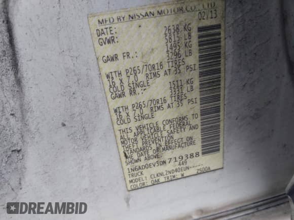 2013 Nissan Frontier SV z VIN 1N6AD0EV3DN719388, wystawiony jako IAAI lot #43338540 z przebiegiem 285 855 mil mil oraz . Historia ofert i sprzedaży dostępna na DreamBid. Obrazek 9.