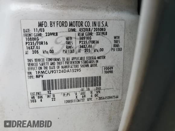 ✅ 2004 Ford Escape XLT • VIN: 1FMCU93124DA15295 • Lot: 72222414. Listed on Copart with 77,496 mi. Free auction sales archive from the USA and detailed vehicle history report at DreamBid. Image 13.