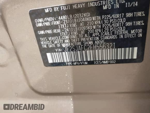 2015 Subaru Forester Premium z VIN JF2SJAFC2FH556321, wystawiony jako IAAI lot #42921214 z przebiegiem 125 991 mil mil oraz . Historia ofert i sprzedaży dostępna na DreamBid. Obrazek 9.