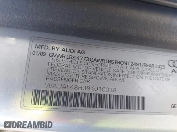 ✅ 2009 Audi A4 2.0T • VIN: WAUAF48H39K010038 • Лот: 43833350. Опубликован ранее на IAAI с пробегом 85 369 миль. Бесплатный доступ к архиву аукционных продаж из США и подробный отчёт об истории автомобиля на DreamBid. Изображение 9.