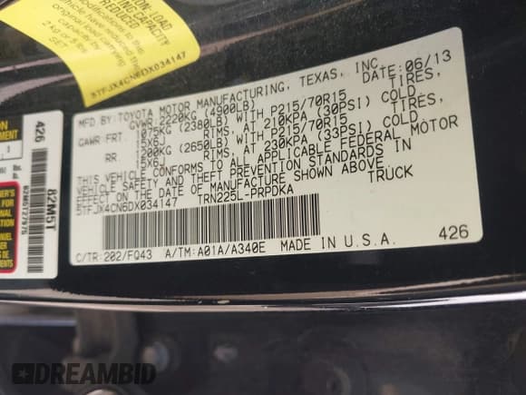 ✅ 2013 Toyota Tacoma • VIN: 5TFJX4CN6DX034147 • Lot: 42278388. Listed on IAAI with 207,685 mi. Free auction sales archive from the USA and detailed vehicle history report at DreamBid. Image 9.