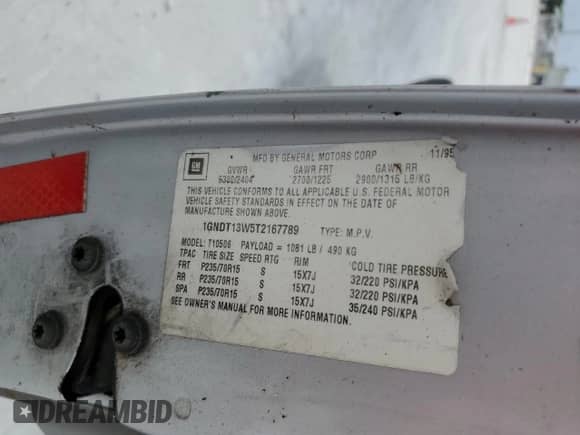 1996 Chevrolet Blazer with VIN 1GNDT13W5T2167789, listed as a Copart auction lot 73176674 with 245,771 mi miles and Non repairable. Bid and sale history available at DreamBid. Image 14.