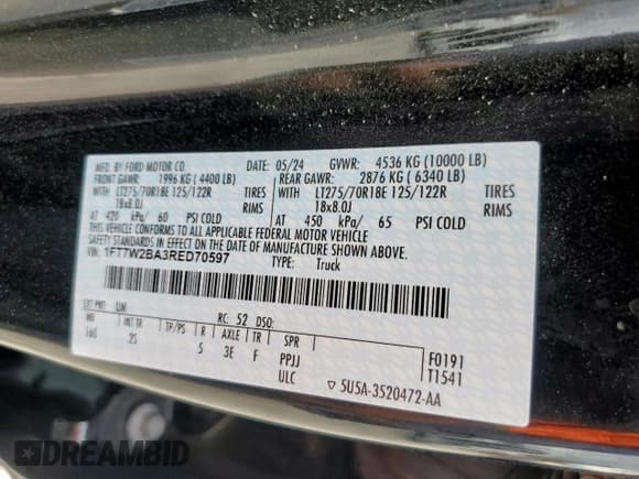 ✅ 2024 Ford F-250 XL • VIN: 1FT7W2BA3RED70597 • Лот: 93203125. Опубликован ранее на Copart с пробегом 18 284 миль. Бесплатный доступ к архиву аукционных продаж из США и подробный отчёт об истории автомобиля на DreamBid. Изображение 12.