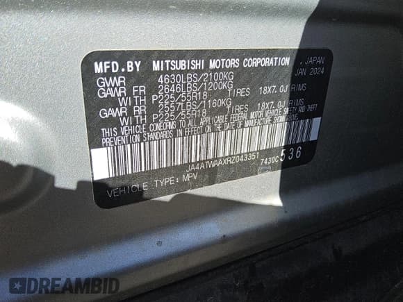 ✅ 2024 Mitsubishi Eclipse Cross SE • VIN: JA4ATWAAXRZ043351 • Lot: 89508805. Wystawiony na Copart z przebiegiem 40 587 mil. Bezpłatny archiwum sprzedaży aukcyjnych z USA i szczegółowy raport historii pojazdu na DreamBid. Zdjęcie 13.