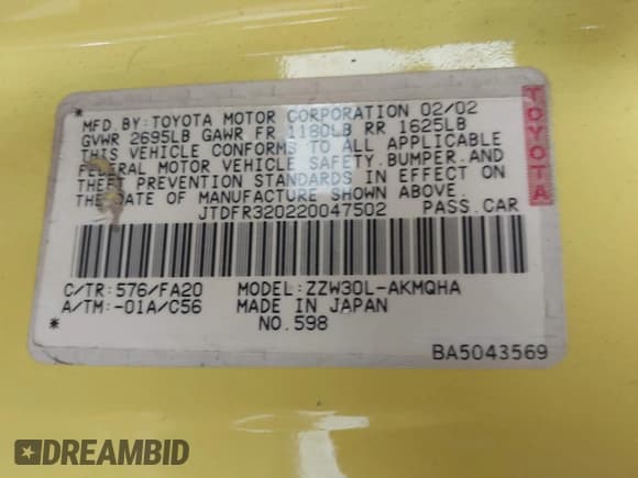 ✅ 2002 Toyota MR2 • VIN: JTDFR320220047502 • Lot: 41808839. Wystawiony na IAAI z przebiegiem Nie podano. Bezpłatny archiwum sprzedaży aukcyjnych z USA i szczegółowy raport historii pojazdu na DreamBid. Zdjęcie 9.