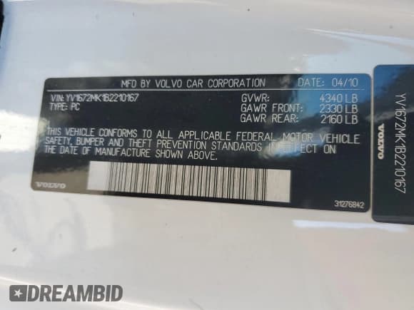 ✅ 2011 Volvo C30 • VIN: YV1672MK1B2210167 • Lot: 87247045. Listed on Copart with 113,598 mi. Free auction sales archive from the USA and detailed vehicle history report at DreamBid. Image 12.