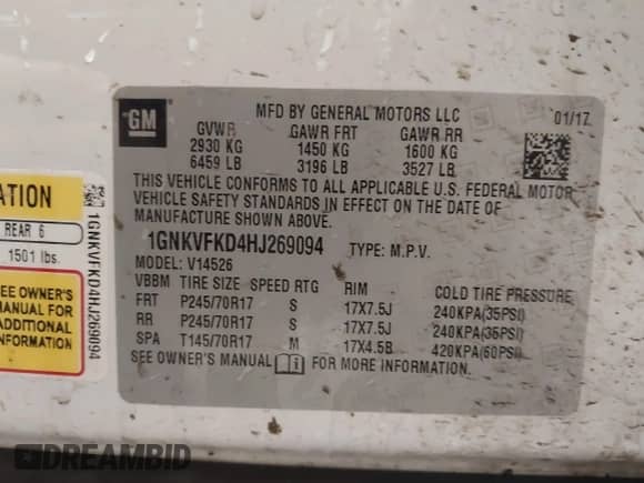 2017 Chevrolet Traverse LS with VIN 1GNKVFKD4HJ269094, listed as a IAAI auction lot 43480677 with 134,710 mi miles and . Bid and sale history available at DreamBid. Image 9.