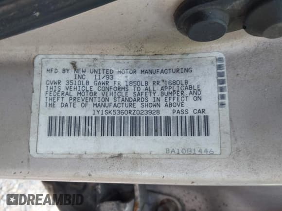 ✅ 1994 Geo Prizm • VIN: 1Y1SK5360RZ023928 • Lot: 42731486. Listed on IAAI with 229,666 mi. Free auction sales archive from the USA and detailed vehicle history report at DreamBid. Image 9.