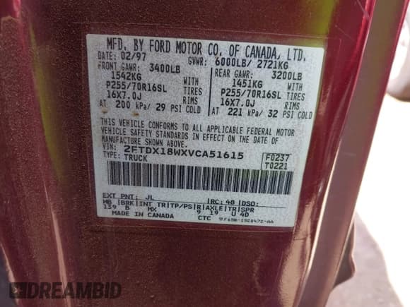 ✅ 1997 Ford F-150 • VIN: 2FTDX18WXVCA51615 • Lot: 42425367. Wystawiony na IAAI z przebiegiem 160 402 mil. Bezpłatny archiwum sprzedaży aukcyjnych z USA i szczegółowy raport historii pojazdu na DreamBid. Zdjęcie 9.