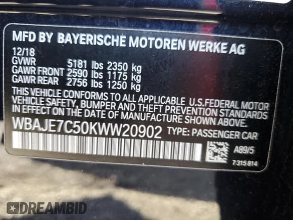 ✅ 2019 BMW 5 Series 540i xDrive • VIN: WBAJE7C50KWW20902 • Lot: 90790505. Listed on Copart with 68,741 mi. Free auction sales archive from the USA and detailed vehicle history report at DreamBid. Image 12.