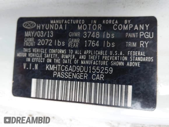 ✅ 2013 Hyundai Veloster w/Black Int • VIN: KMHTC6AD9DU155259 • Lot: 42361365. Listed on IAAI with 261,896 mi. Free auction sales archive from the USA and detailed vehicle history report at DreamBid. Image 9.