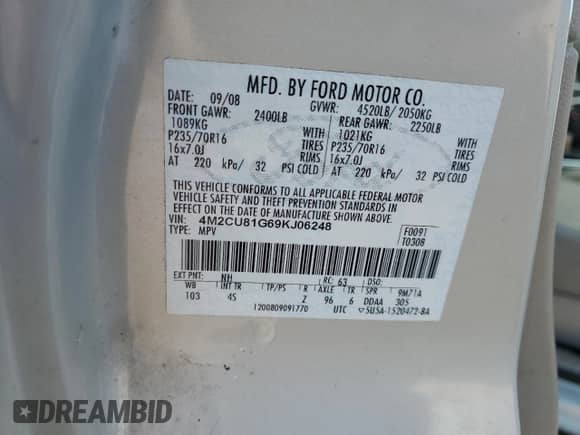 2009 Mercury Mariner с VIN 4M2CU81G69KJ06248, выставлен на аукционе Copart как лот 46681155 с пробегом 208 073 миль миль и Списание • Salvage title. История ставок и продаж доступна на DreamBid. Изображение 13.