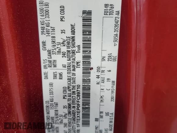 ✅ 2015 Ford F-150 XLT • VIN: 1FTEX1EP0FFC89710 • Lot: 53946315. Listed on Copart with 175,200 mi. Free auction sales archive from the USA and detailed vehicle history report at DreamBid. Image 12.