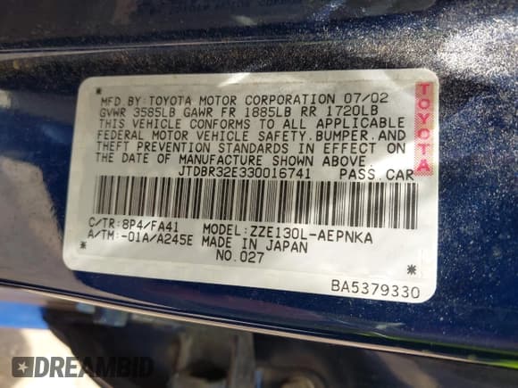 ✅ 2003 Toyota Corolla CE • VIN: JTDBR32E330016741 • Lot: 42330235. Listed on IAAI with 203,645 mi. Free auction sales archive from the USA and detailed vehicle history report at DreamBid. Image 9.