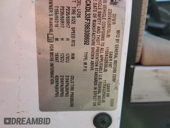 ✅ 2008 Pontiac Torrent • VIN: 2CKDL33F786308692 • Lot: 81896665. Listed on Copart with 232,506 mi. Free auction sales archive from the USA and detailed vehicle history report at DreamBid. Image 13.