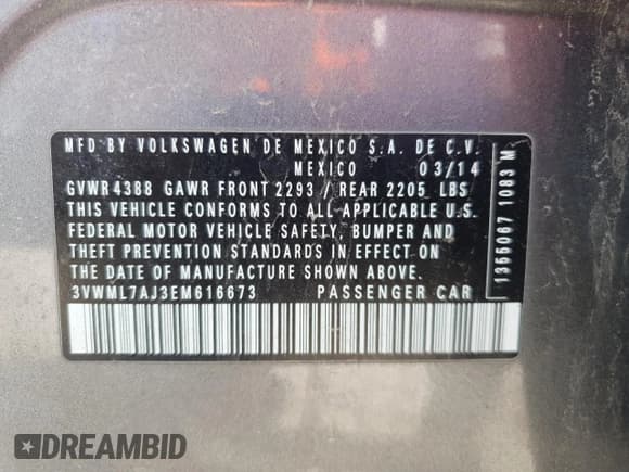 ✅ 2014 Volkswagen Jetta TDI • VIN: 3VWML7AJ3EM616673 • Lot: 52549565. Listed on Copart with 106,795 mi. Free auction sales archive from the USA and detailed vehicle history report at DreamBid. Image 13.