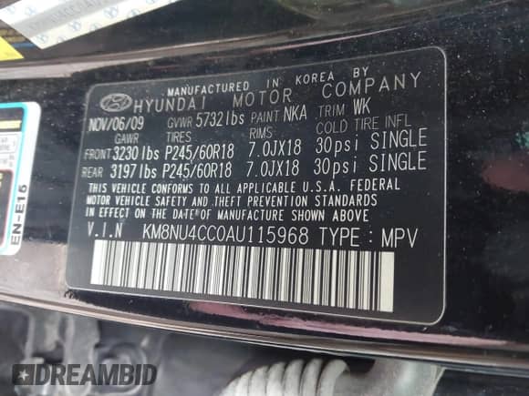 2010 Hyundai Veracruz Limited z VIN KM8NU4CC0AU115968, wystawiony jako IAAI lot #41457546 z przebiegiem 190 246 mil mil oraz . Historia ofert i sprzedaży dostępna na DreamBid. Obrazek 9.