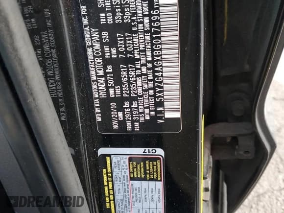 ✅ 2011 Hyundai Santa Fe GLS • VIN: 5XYZG4AGXBG017696 • Lot: 85205784. Listed on Copart with 115,862 mi. Free auction sales archive from the USA and detailed vehicle history report at DreamBid. Image 13.