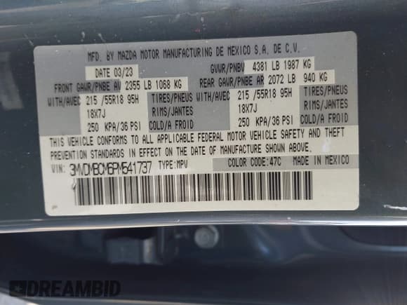 ✅ 2023 Mazda CX-30 S Carbon Edition • VIN: 3MVDMBCM6PM541737 • Lot: 42524854. Listed on IAAI with 55,093 mi. Free auction sales archive from the USA and detailed vehicle history report at DreamBid. Image 9.