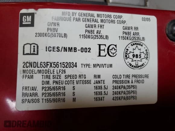 ✅ 2005 Chevrolet Equinox LT • VIN: 2CNDL63FX56152034 • Лот: 83901354. Опубликован ранее на Copart с пробегом 182 704 миль. Бесплатный доступ к архиву аукционных продаж из США и подробный отчёт об истории автомобиля на DreamBid. Изображение 13.