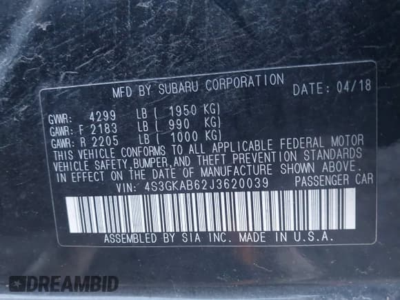 ✅ 2018 Subaru Impreza Premium • VIN: 4S3GKAB62J3620039 • Lot: 43489197. Listed on IAAI with 101,947 mi. Free auction sales archive from the USA and detailed vehicle history report at DreamBid. Image 9.