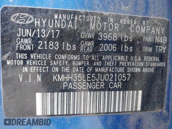 ✅ 2018 Hyundai Elantra • VIN: KMHH35LE5JU021057 • Lot: 43755207. Listed on IAAI with 33,053 mi. Free auction sales archive from the USA and detailed vehicle history report at DreamBid. Image 9.