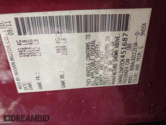 ✅ 2012 Nissan Altima SL • VIN: 1N4AL2AP2CN451687 • Lot: 43468199. Listed on IAAI with 199,634 mi. Free auction sales archive from the USA and detailed vehicle history report at DreamBid. Image 9.