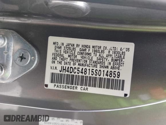 ✅ 2005 Acura RSX • VIN: JH4DC54815S014859 • Lot: 42541893. Listed on IAAI with 103,520 mi. Free auction sales archive from the USA and detailed vehicle history report at DreamBid. Image 9.