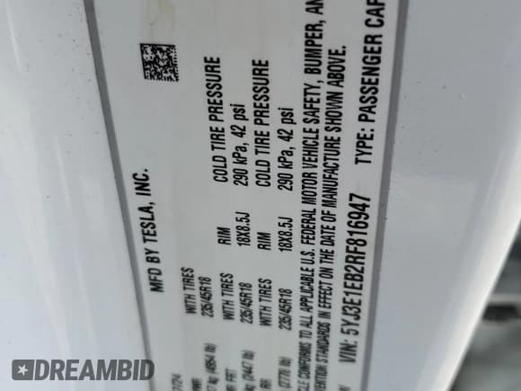 ✅ 2024 Tesla Model 3 Long Range • VIN: 5YJ3E1EB2RF816947 • Лот: 85330265. Опубликован ранее на Copart с пробегом 21 195 миль. Бесплатный доступ к архиву аукционных продаж из США и подробный отчёт об истории автомобиля на DreamBid. Изображение 12.