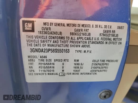 ✅ 2008 Chevrolet HHR LT • VIN: 3GNDA23P58S550163 • Lot: 47630915. Listed on Copart with 172,410 mi. Free auction sales archive from the USA and detailed vehicle history report at DreamBid. Image 14.